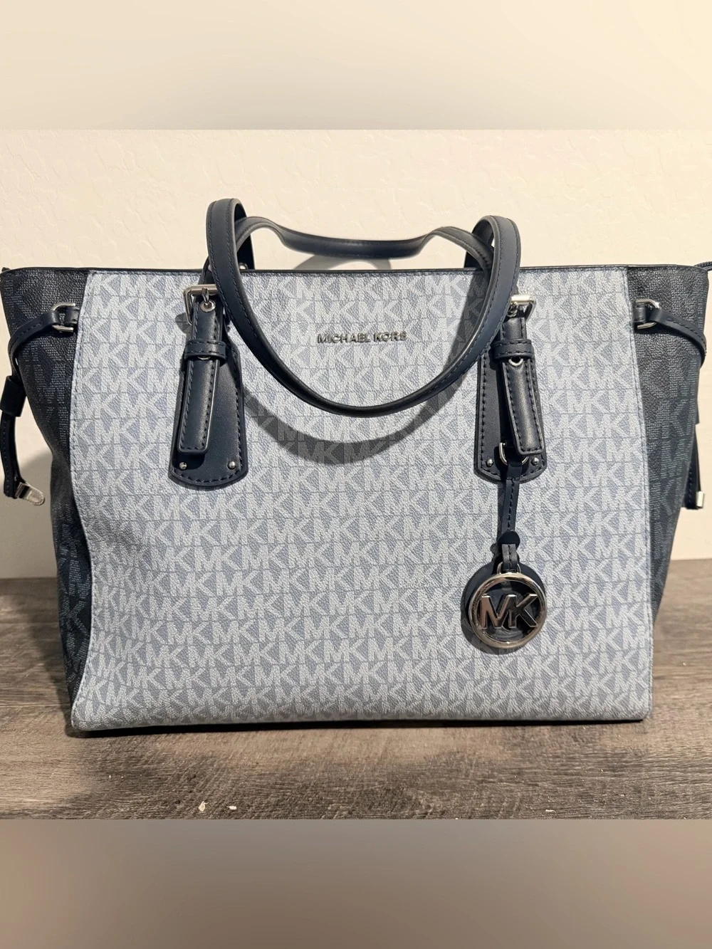 Michael Kors Light Blue MK Logo Tote with Navy Trim